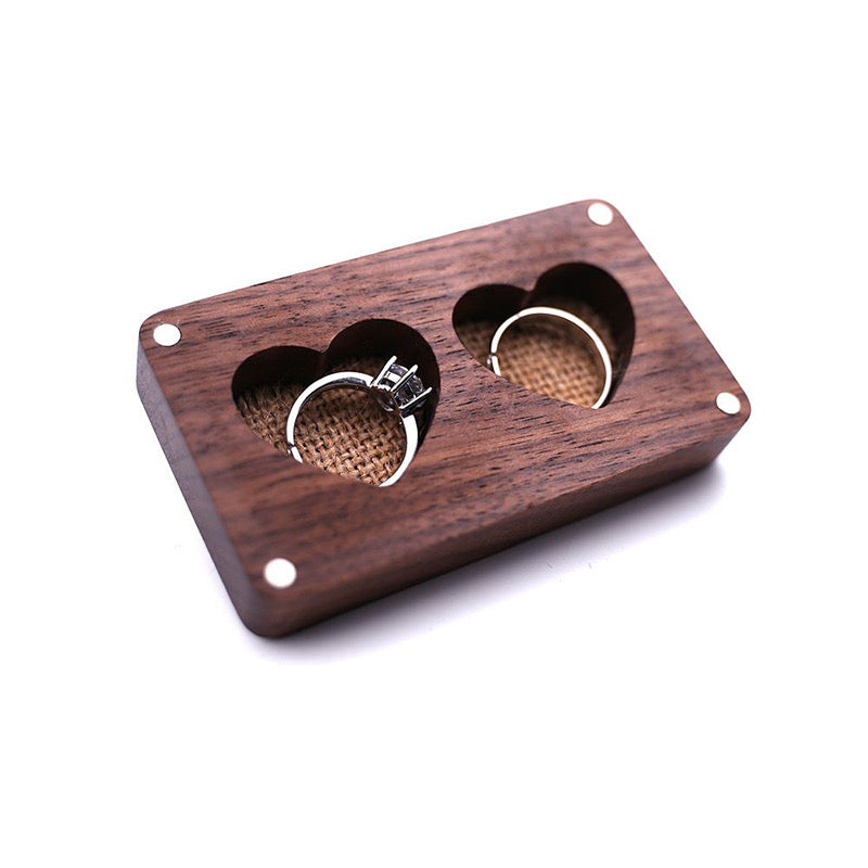 Rectangular Walnut Double Ring Box with Glass Window & Heart Slots for Wedding Ceremony