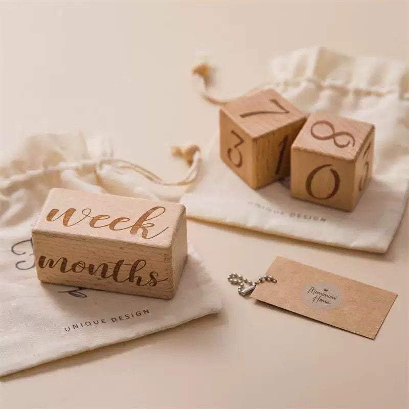 Personalized Monthly Baby Milestone Wood Blocks - Custom Engraved Nursery Decor - Natural Wooden Age Blocks for Baby Photos