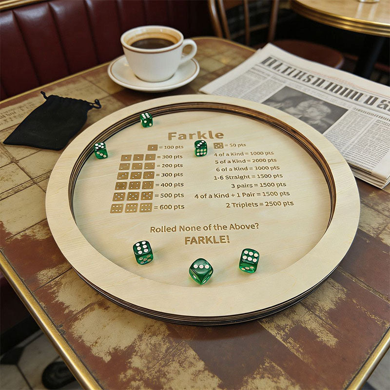 Premium Wooden Farkle Dice Tray Set with Laser Engraved Score Guide for Family Game Night