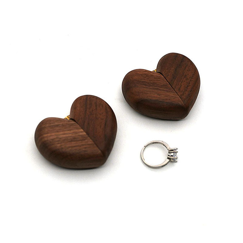 Premium Walnut Heart-Shaped Wooden Ring Box with Hidden Hinge for Proposal & Wedding