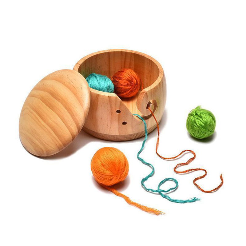 Premium Wooden Yarn Bowl with Lid & Spiral Slot for Knitting and Crocheting