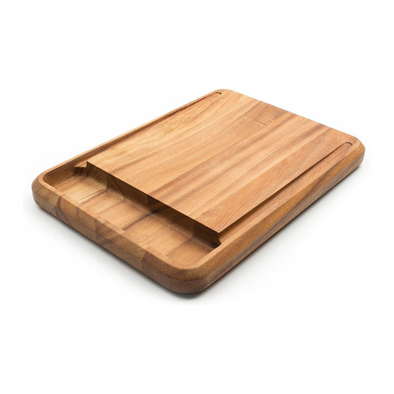 Custom Multi-Functional Wooden Cutting Board with Serving Compartments | Personalized Acacia Wood Bread Board & Crumb Catcher | Unique Housewarming Gift
