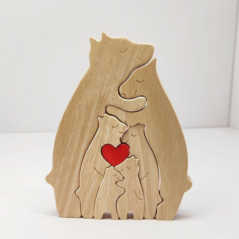 Handcrafted Wooden Bear Family Puzzle Statue with Red Heart for Home Decor