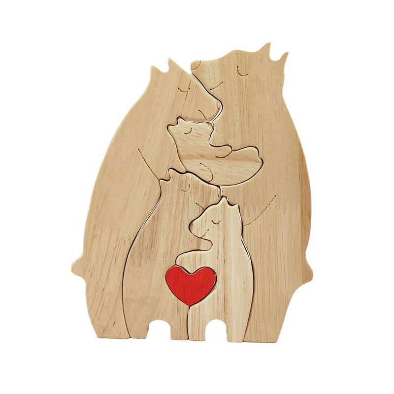 Handcrafted Wooden Bear Family Puzzle Statue with Red Heart for Home Decor