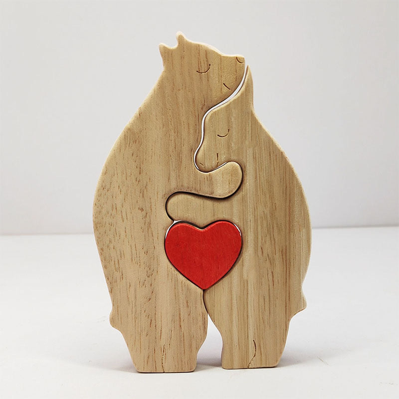 Handcrafted Wooden Bear Family Puzzle Statue with Red Heart for Home Decor