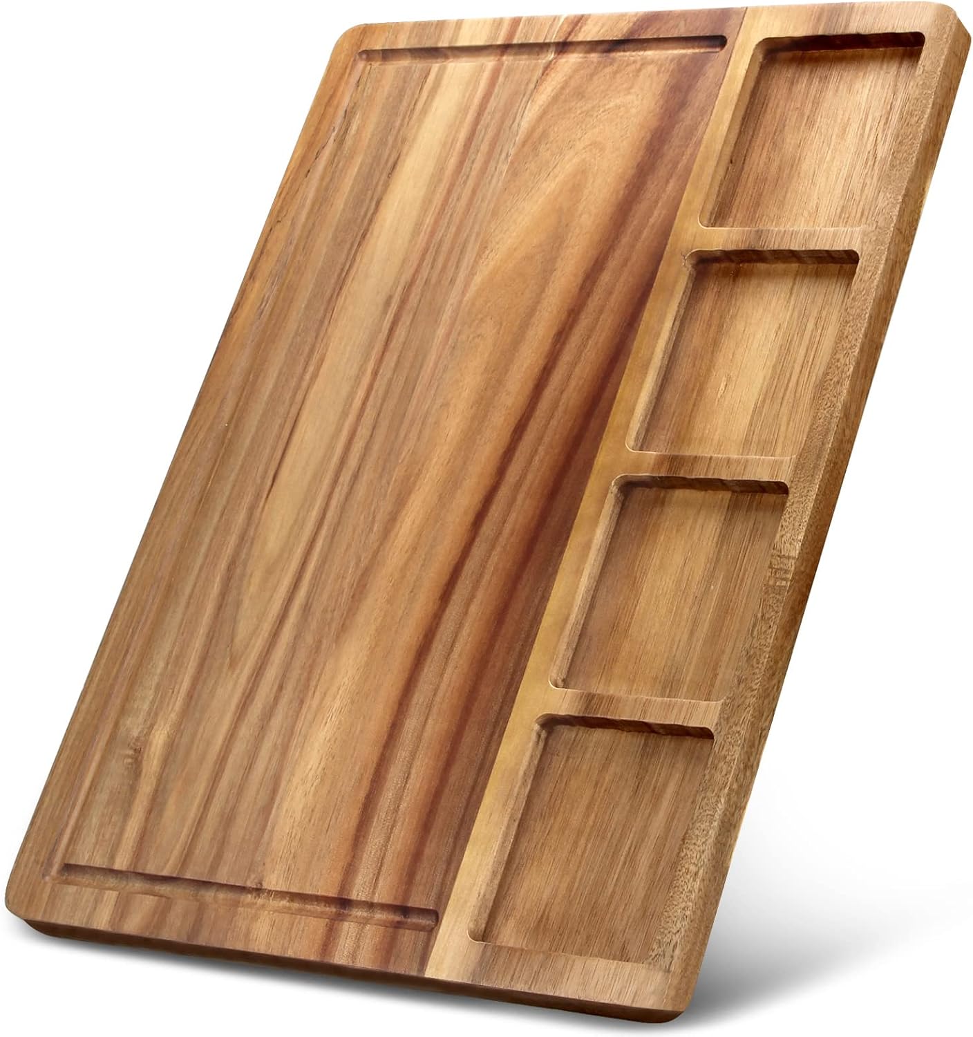 Custom Multi-Functional Wooden Cutting Board with Serving Compartments | Personalized Acacia Wood Bread Board & Crumb Catcher | Unique Housewarming Gift