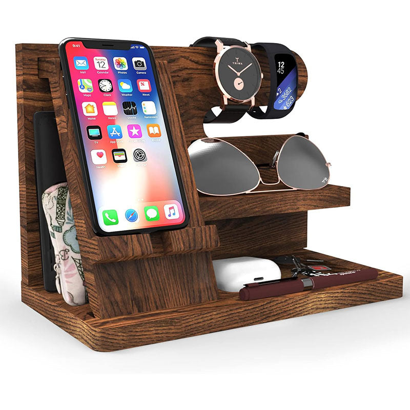 Desk Organizer Sculpture - Multi-Functional Wooden Docking Station for Phone, Watch, Glasses & Keys, Accept Custom Orders