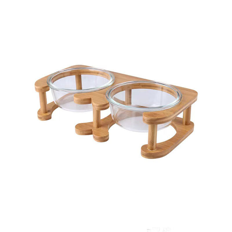 Bamboo Pet Feeder Stand with Glass Bowls - Elevated Cat and Dog Feeding Station, Raised Food and Water Bowls, Accept Custom Orders