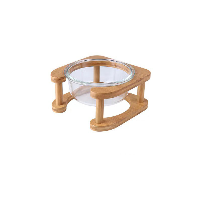 Bamboo Pet Feeder Stand with Glass Bowls - Elevated Cat and Dog Feeding Station, Raised Food and Water Bowls, Accept Custom Orders