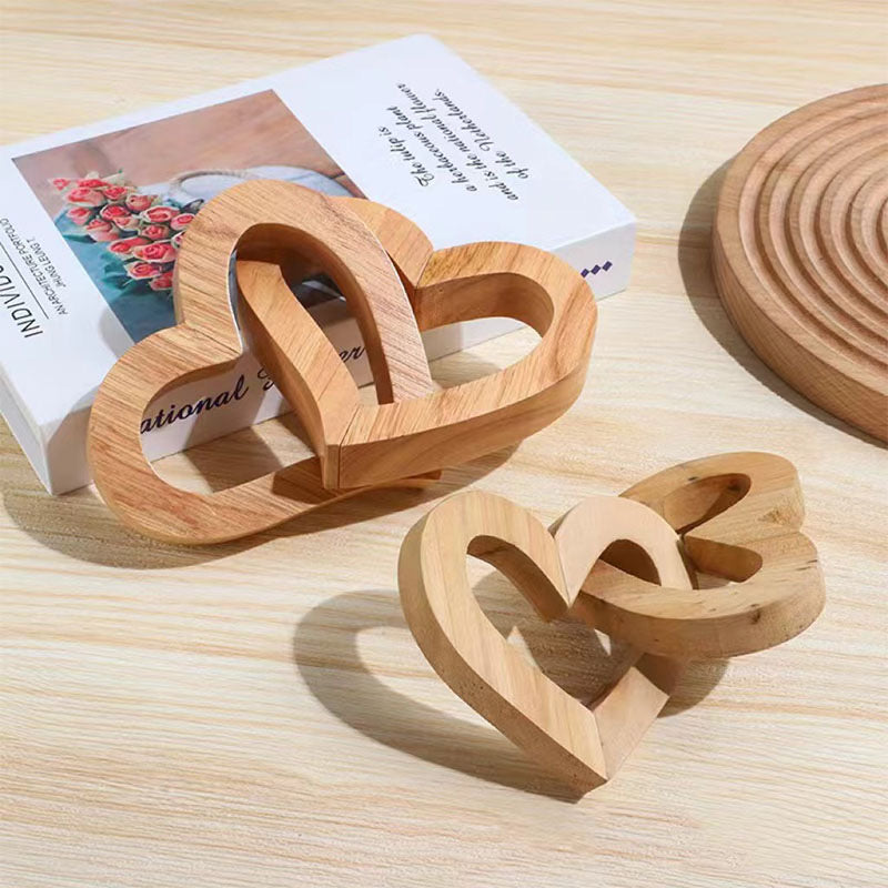 Home Decor Sculpture - Personalized Interlocking Wooden Hearts, Custom Engraved Joined Heart Ornament, Wedding Anniversary Gift