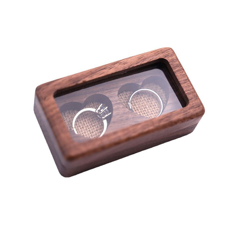 Rectangular Walnut Double Ring Box with Glass Window & Heart Slots for Wedding Ceremony