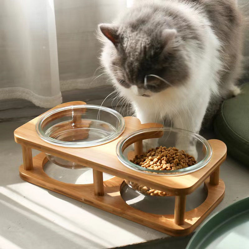 Bamboo Pet Feeder Stand with Glass Bowls - Elevated Cat and Dog Feeding Station, Raised Food and Water Bowls, Accept Custom Orders