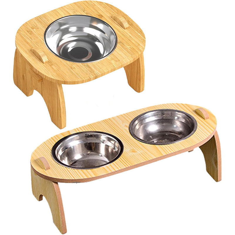 Minimalist wooden Elevated Pet Feeder - Double Bowl Raised Cat & Dog Feeding Station - Eco-Friendly Wooden Stand with Stainless Steel Bowls