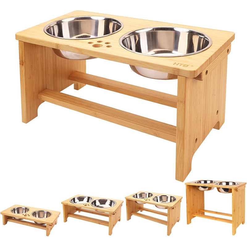 Minimalist wooden Elevated Pet Feeder - Double Bowl Raised Cat & Dog Feeding Station - Eco-Friendly Wooden Stand with Stainless Steel Bowls
