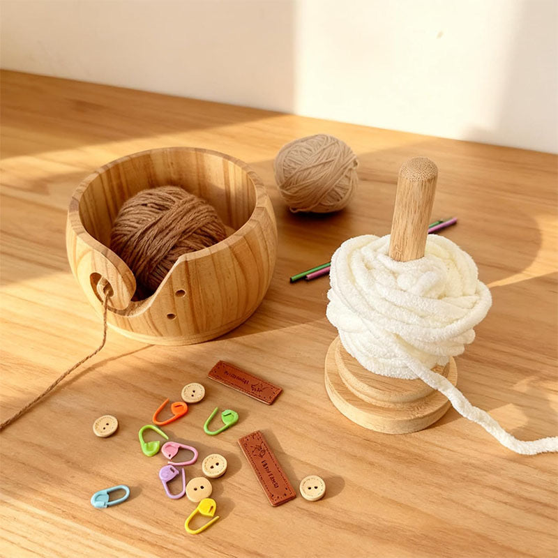Ultimate Wooden Knitting Organizer Set - Personalized Yarn Bowl & Rotating Holder Combo - Custom Engraved Handcraft Accessories