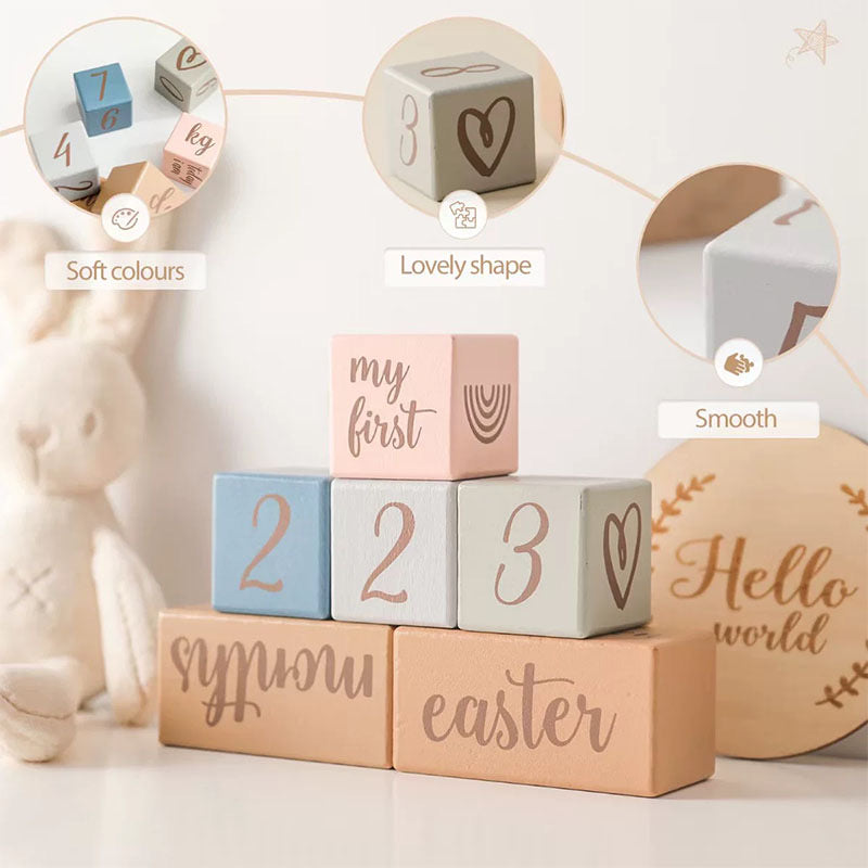 Personalized Monthly Baby Milestone Wood Blocks - Custom Engraved Nursery Decor - Natural Wooden Age Blocks for Baby Photos
