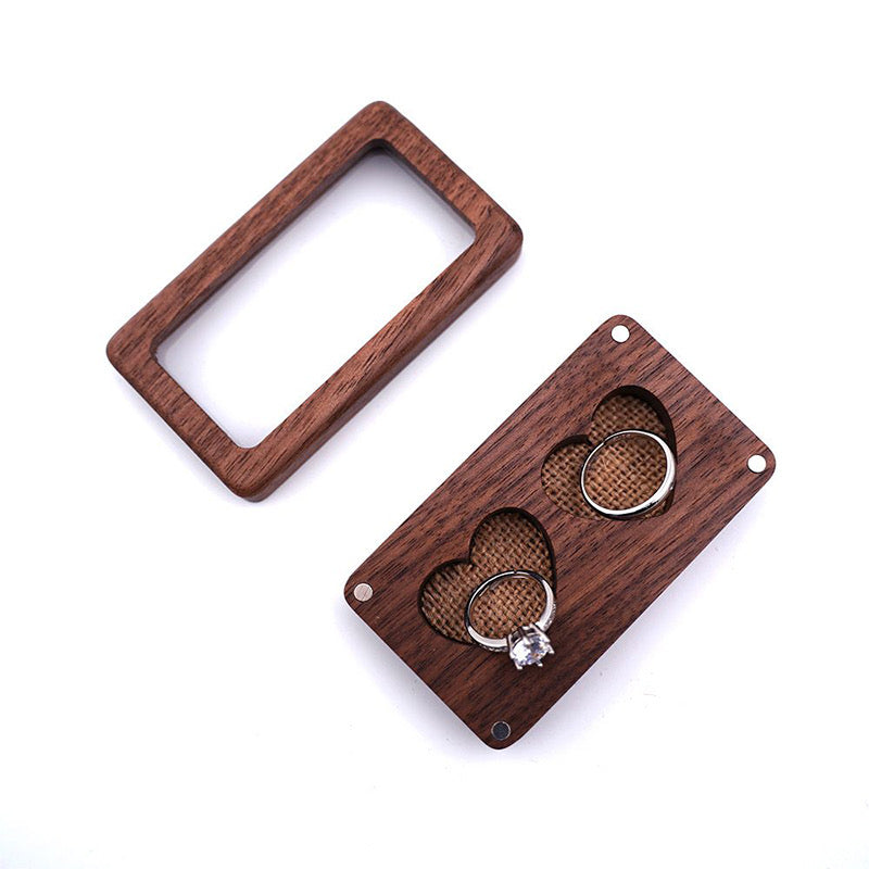 Rectangular Walnut Double Ring Box with Glass Window & Heart Slots for Wedding Ceremony