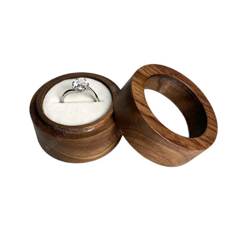 Round Walnut Wooden Ring Box with Clear Glass Window for Proposal & Display