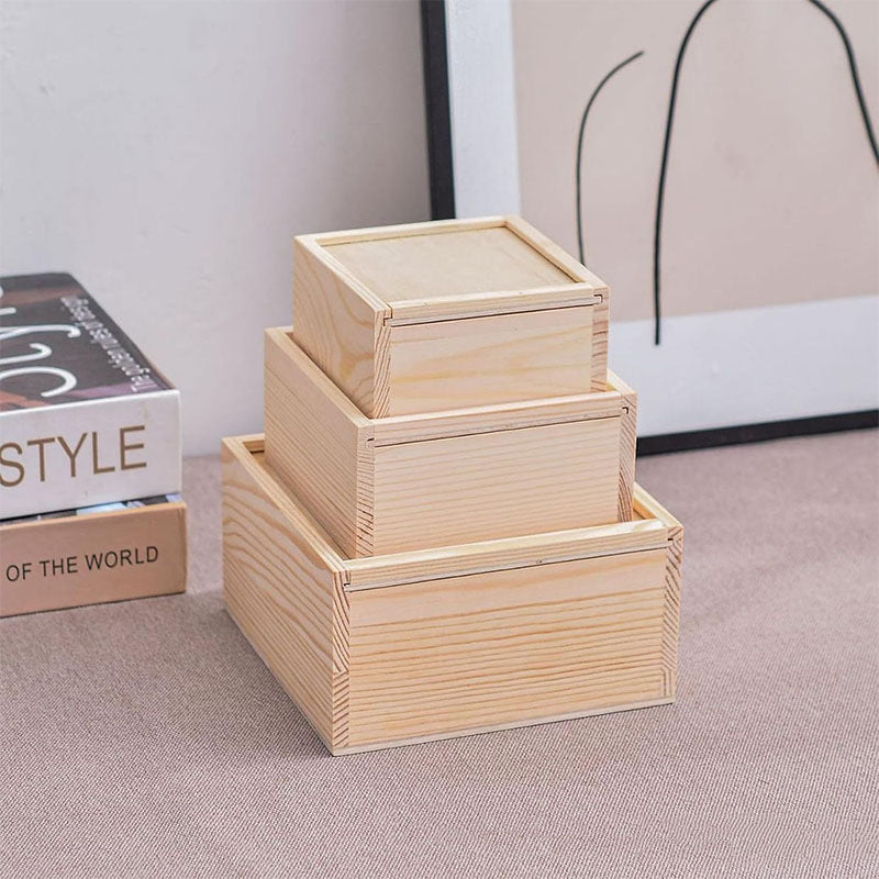 Minimalist Wooden Storage Box with Sliding Lid - Natural Solid Wood Organizer, Unfinished Wood Gift Packaging, Accept Custom Orders