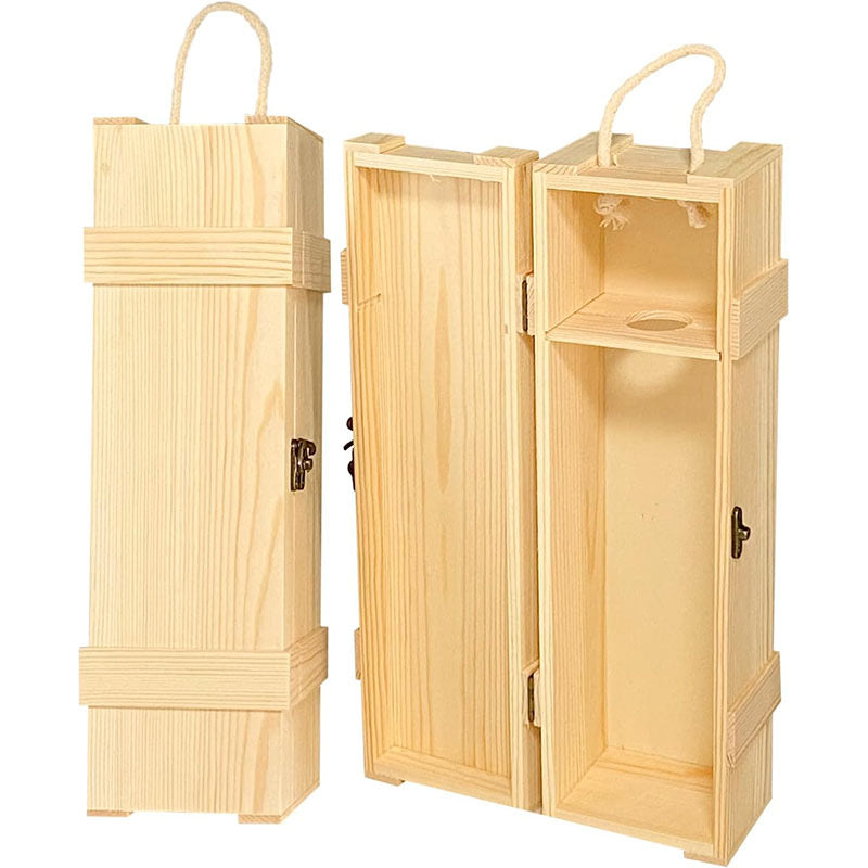 Single Bottle Solid Wood Wine Box with Rope Handle - Premium Gift Packaging for Champagne & Wine, Rustic Wooden Wine Carrier, Accept Custom Orders