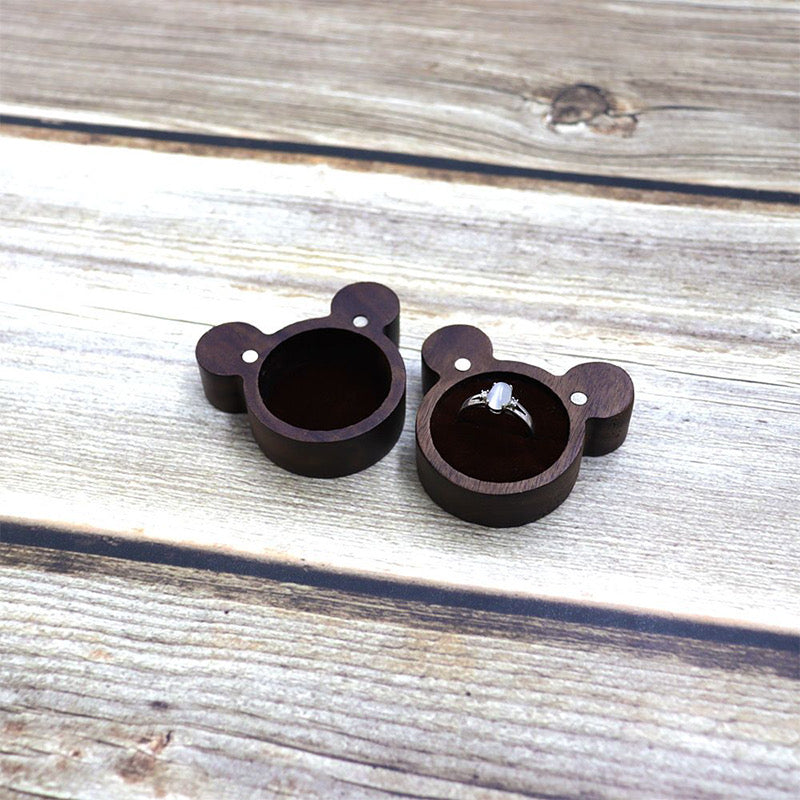 Cute Bear-Shaped Walnut Wooden Ring Box for Proposal & Engagement