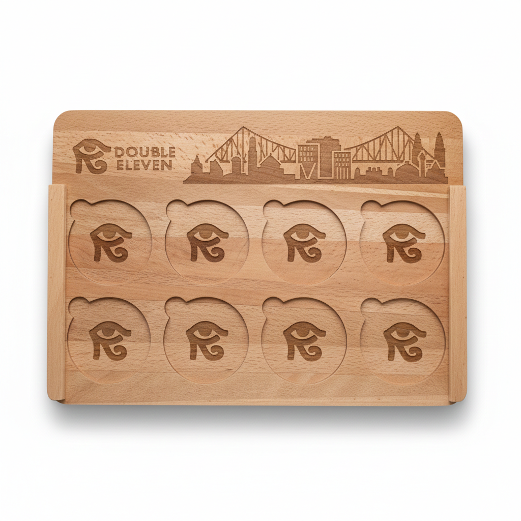 Premium Custom Laser-Engraved Beech Wood Display Tray - 8-Slot Multi-Purpose Organizer with Cityscape Skyline Branding - High-End Corporate Gift & Exhibition Tray