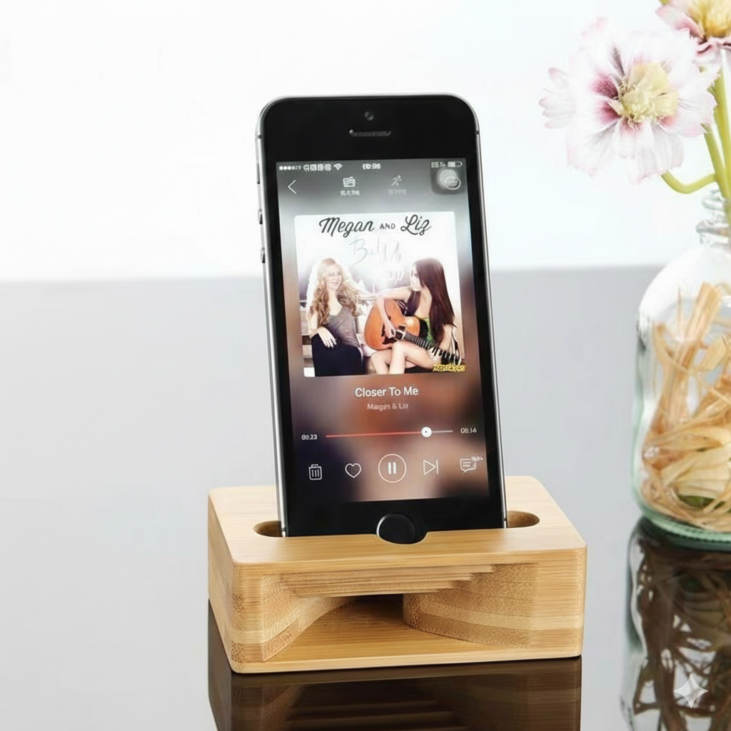 Personalized Office Desk Accessory - Custom Logo Wooden Smartphone Stand - Eco-Friendly Bamboo Passive Amplifier Gift