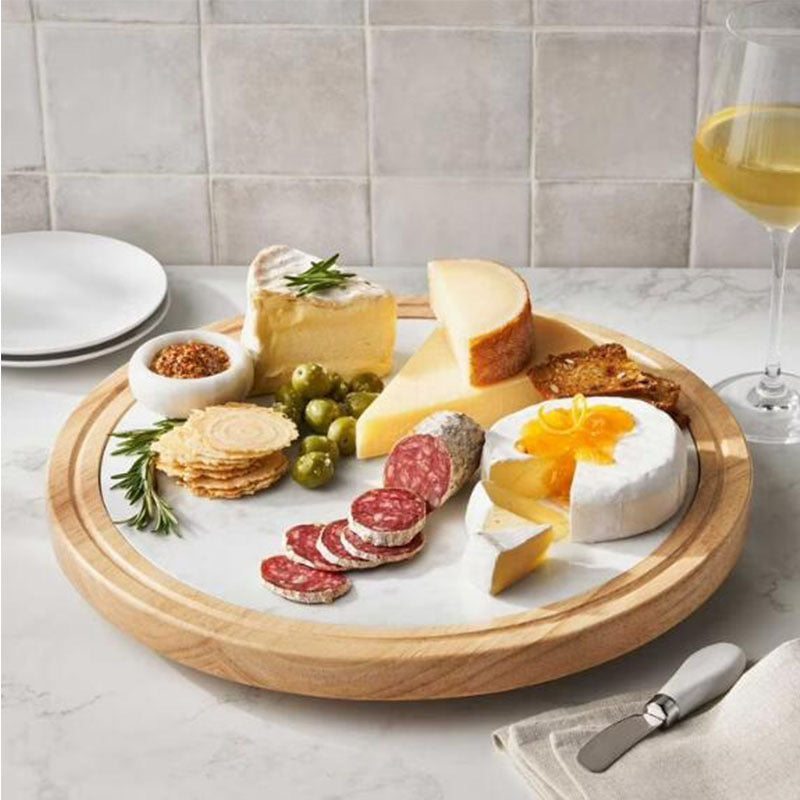 Custom Engraved Marble and bamboo Wood Charcuterie Board - Personalized Round Cheese Board & Serving Platter